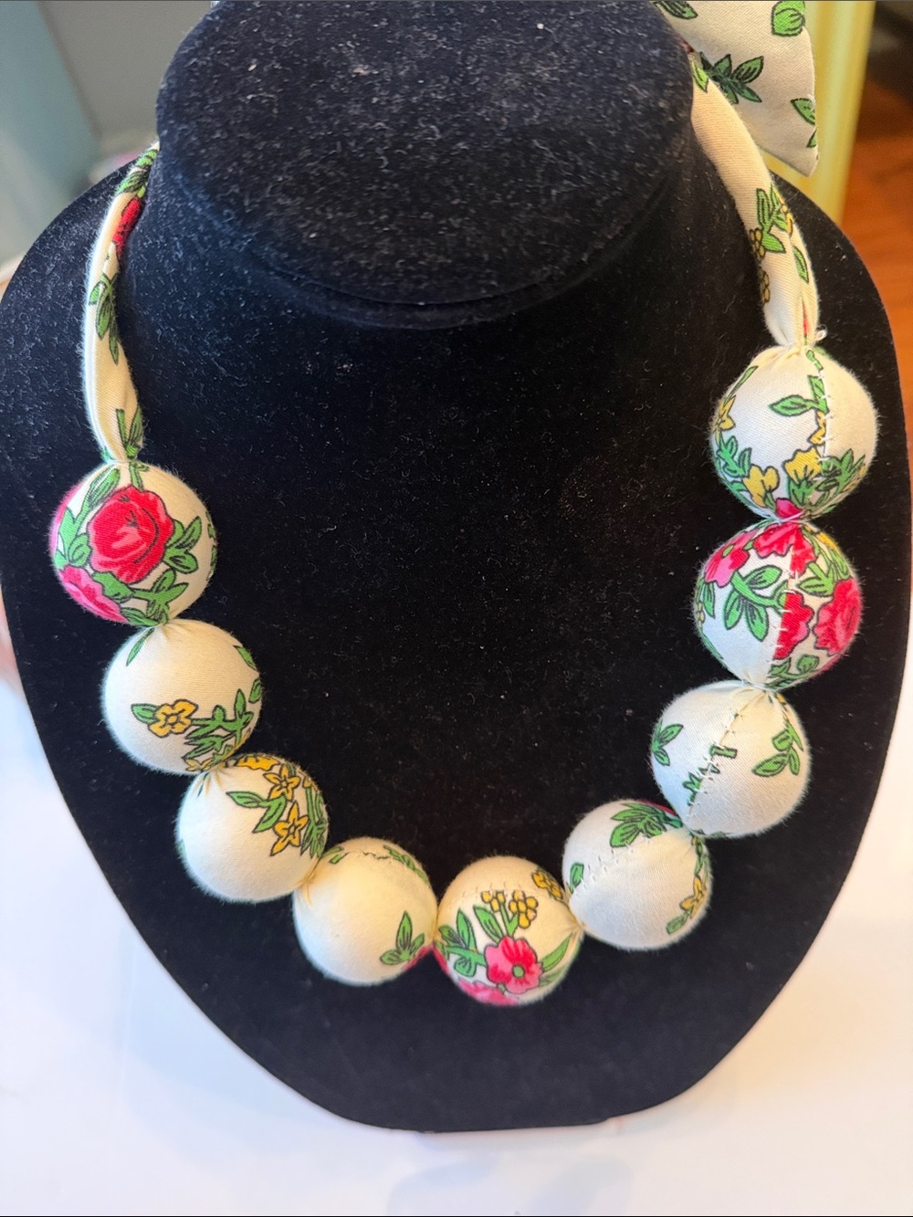 Floral Fabric Bead Necklace in White with Pink & Green